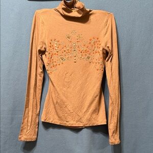 Patrizia Pepe Open Back Long-Sleeve Turtleneck Top in Brow withEmbellished Front